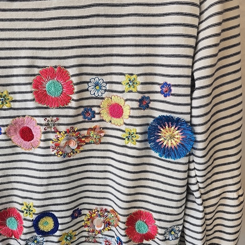 Talbots Women's L Striped 3/4 Sleeve Floral Embroidered Beads Boho Hippie Shirt - Picture 3 of 16